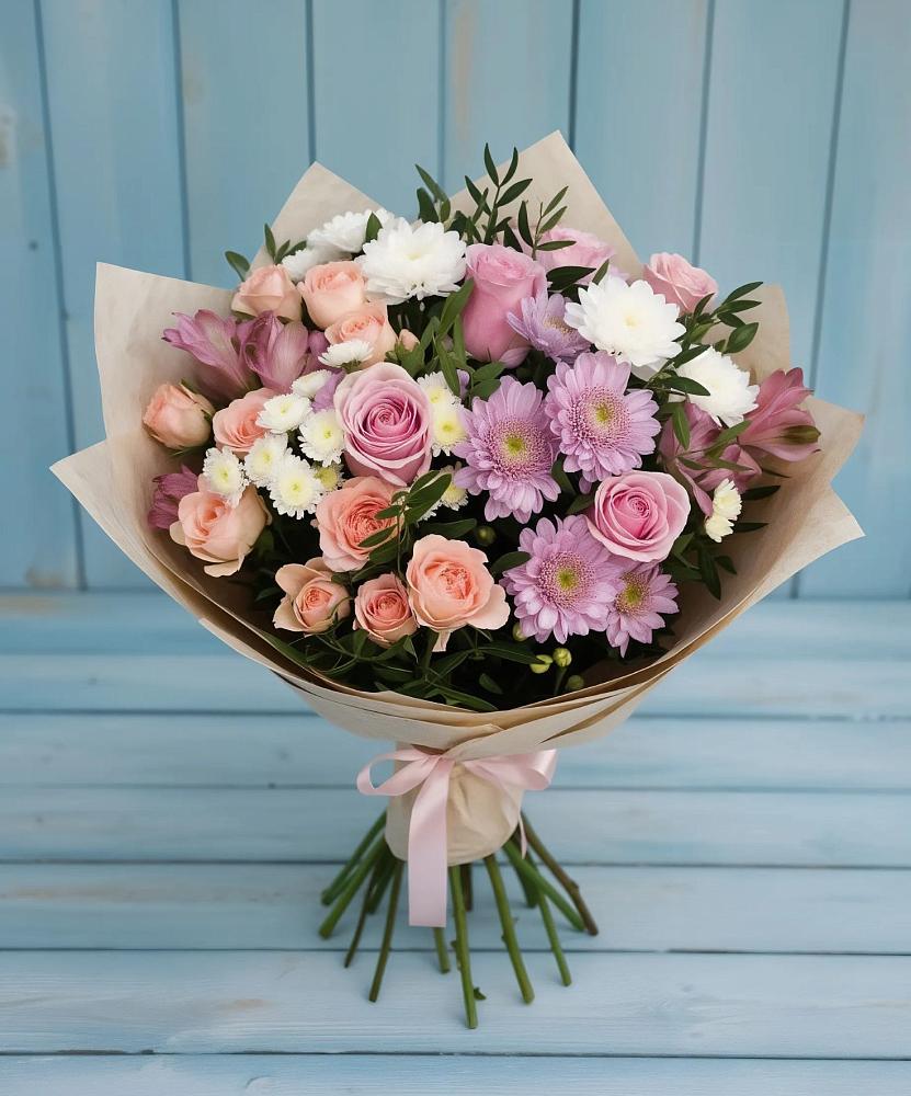 Букет цветов из: Хризантемы, Розы и Альстромерии в Лесколово