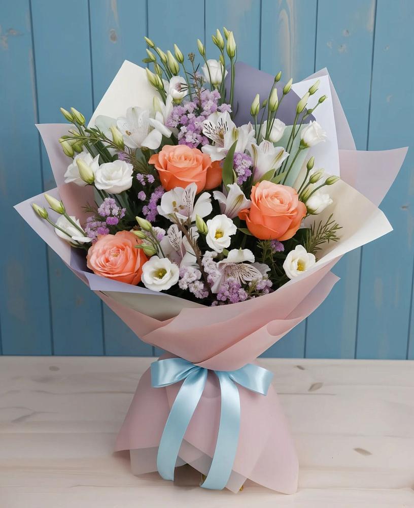 Букет цветов из: Лизиантусы, Розы, Альстромерии и Гипсофила в Лесколово