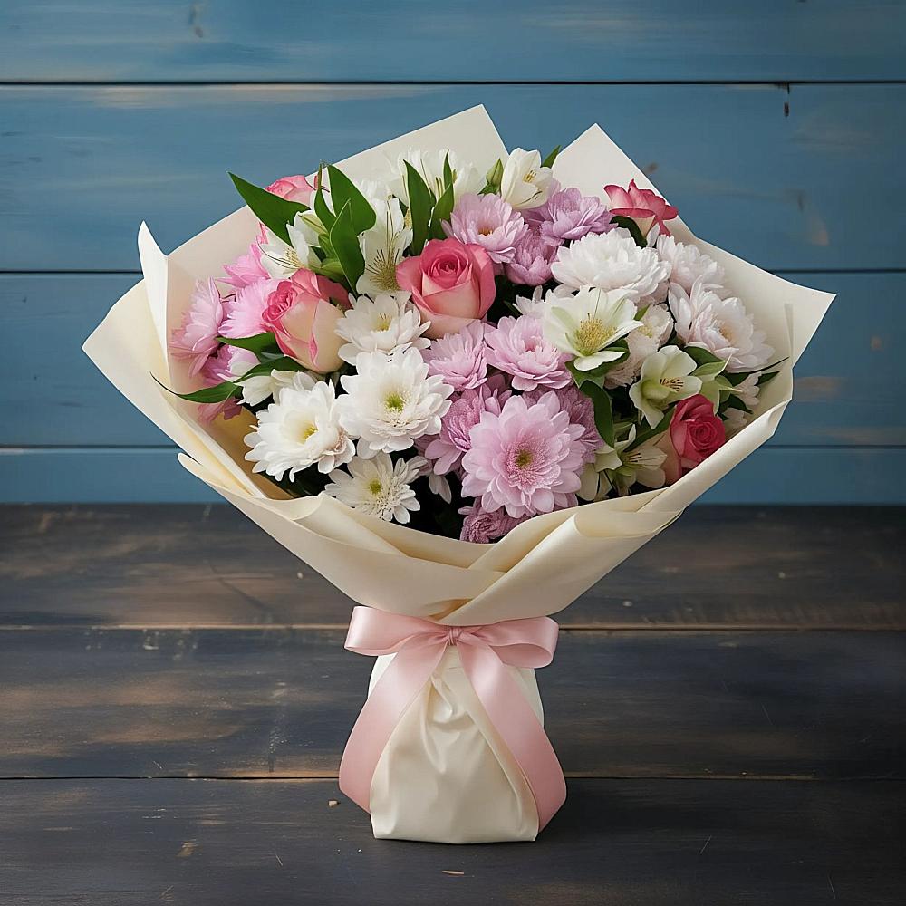 Букет цветов из: Хризантемы, Альстромерии и Розы в Лесколово